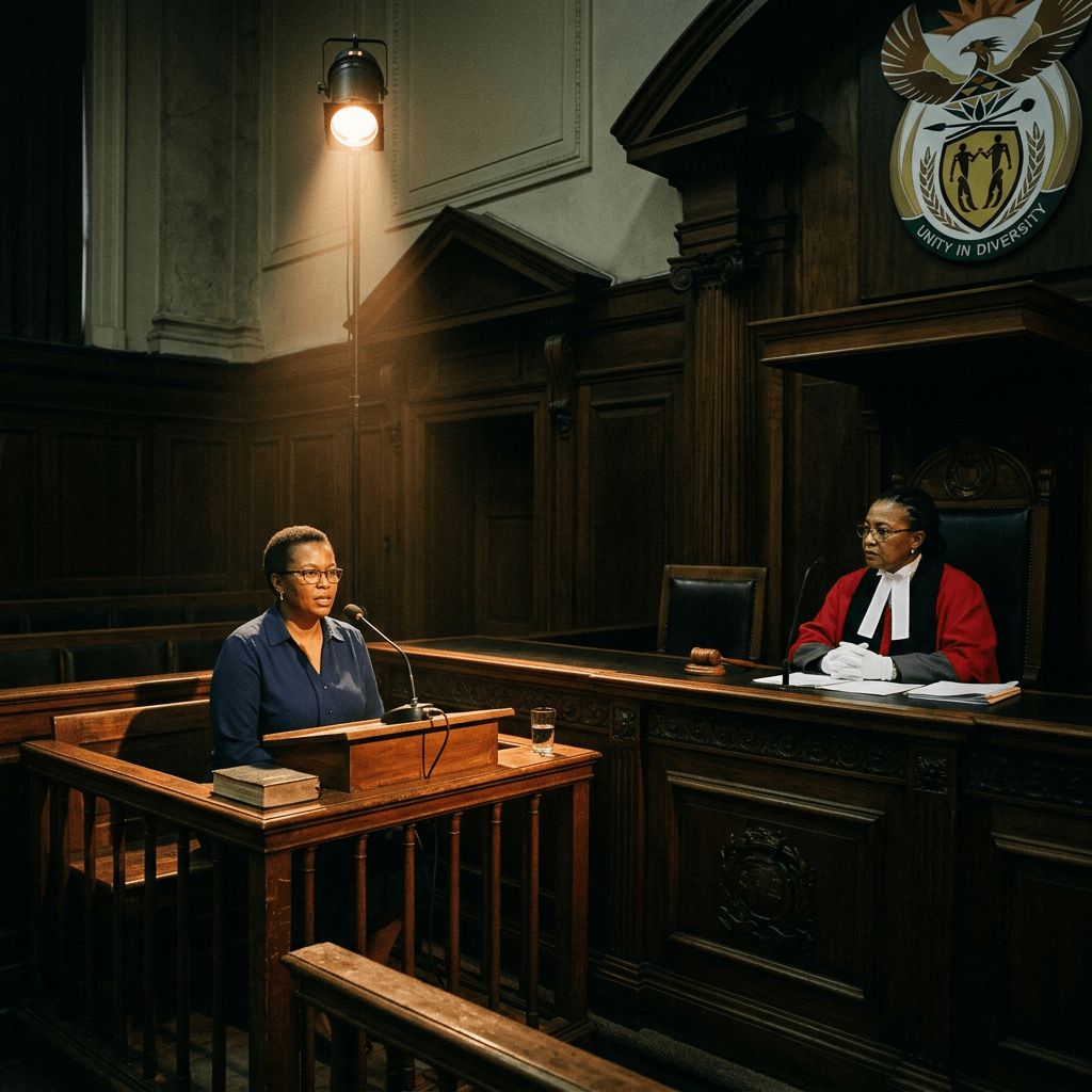 Witness speaking at the stand in a courtroom with a judge seated nearby