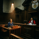 Witness speaking at the stand in a courtroom with a judge seated nearby